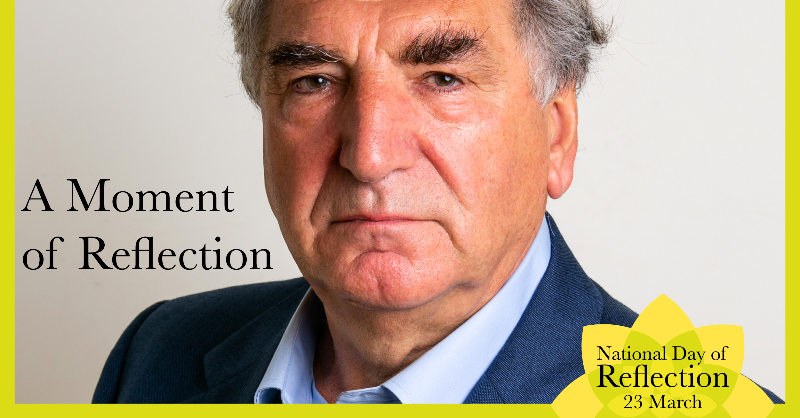 mariecurieuk's tweet photo. Join Jim Carter, @MrCaseyBailey and guests for a nationwide minute’s silence on the National Day of Reflection. Support millions grieving, and remember the loved ones, neighbours and colleagues we’ve lost on Wednesday 23 March, 11.50am.