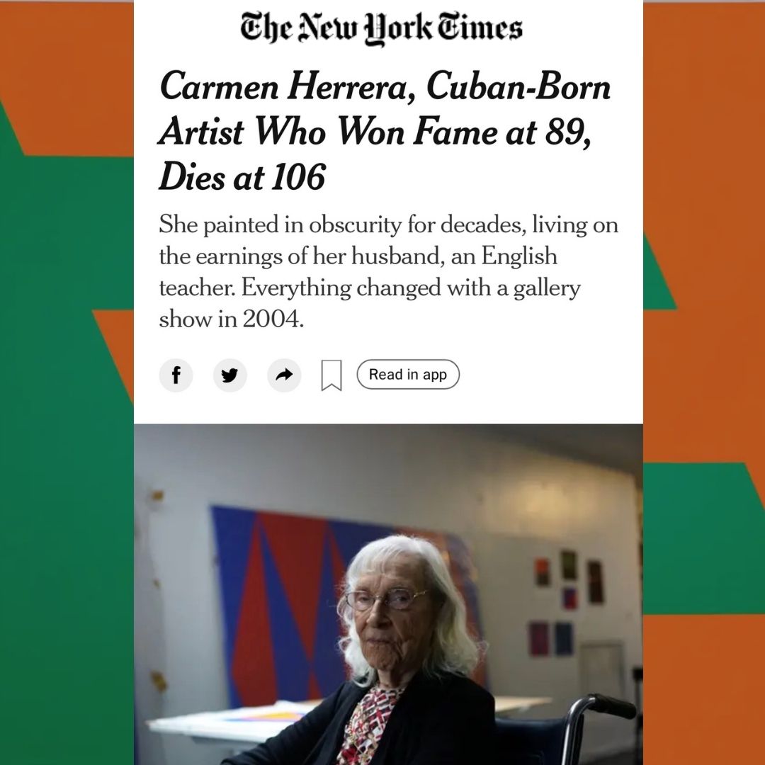 ArtsForTheAging's tweet photo. 🎨 We are pleased to honor Carmen Herrera, a Cuban American painter & model of lifelong creativity, who lived to be 106 & passed away this month. “I do it because I have to do it; it’s a compulsion that also gives me pleasure" https://t.co/mKtcJ5nMjm. #artsinhealth #creativea... https://t.co/whDjicGPNY
