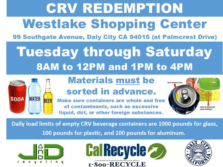 Have bottles or cans you would like to redeem for cash? Visit our recycling center located in the Westlake Shopping Center at 99 Southgate Ave. Daily load limits have just been increased to 1,000 pounds for a glass, 100 pounds for plastic, and 100 pounds for aluminum.