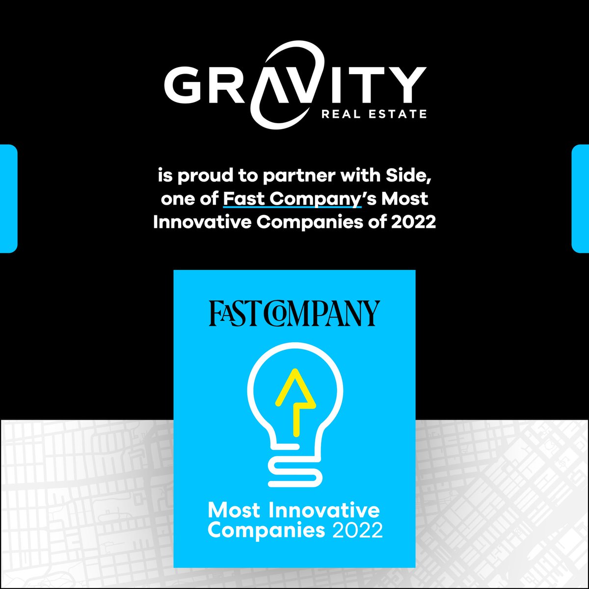 GravityRealty's tweet photo. We’re excited to share that our brokerage partner Side was recently named one of the Most Innovative Companies of 2022 by Fast Company. Together, Gravity Real Estate and Side are elevating the real estate industry. #FCMostInnovative @side_realestate @FastCompany https://t.co/ud00HiebVF