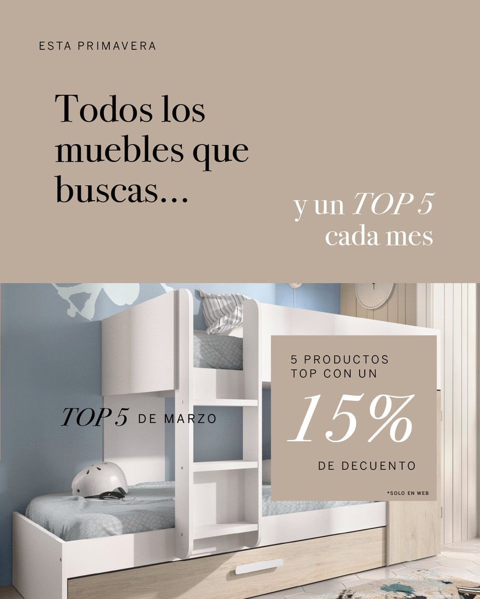 Todos los muebles que buscas…  ✨

Y un TOP 5 de productos cada mes con el 15% de descuento en muebleslafabrica.com

Salones, dormitorios, armarios, sofás, chaise longues, juveniles, auxiliares, colchones, sofá cama … ¡Todo lo que necesitas para amueblar tu casa!