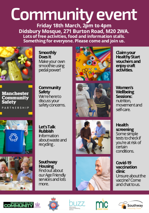 📢 Community Event
📅 Friday 18 March
🕐 2pm - 4pm
📌 Didsbury Mosque, 271 Burton Road, M20 2WA

Come and have a chat with local services!
Plus walk in Covid-19 Vaccinations. No appointment needed 💪 11am - 4pm

All details below 👇
<a href="/didsburymosque/">Didsbury Mosque</a>