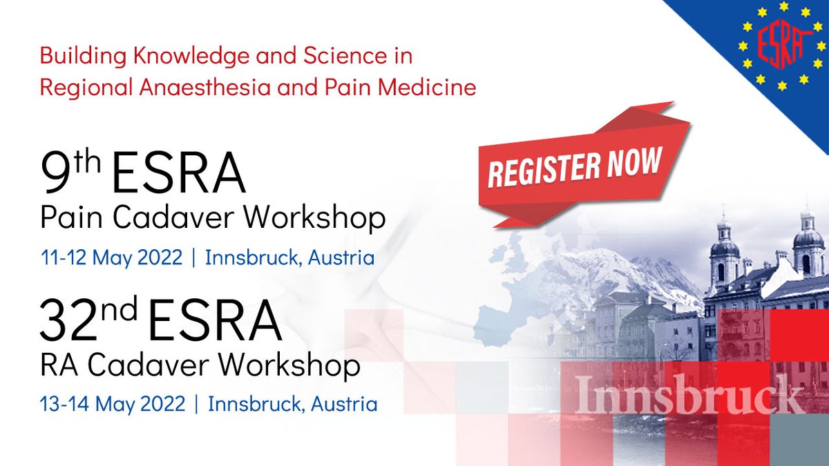 ESRA_Society's tweet photo. Register now for the ESRA Cadaver Workshops in #Innsbruck #ESRACW2022 🇦🇹
#Pain: 11-12 May
👉 https://t.co/nOgCccD9Uf
#RegionalAnaesthesia: 13-14 May
👉 https://t.co/UkXix0B8pW
Don't miss out on this unique hands-on learning experience! https://t.co/ww6OfZYWZW