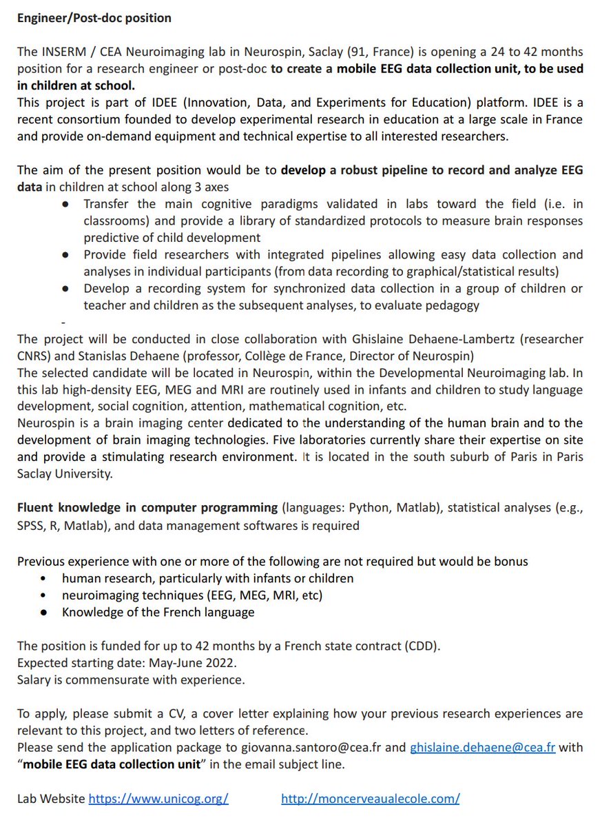 Notre laboratoire propose un poste d'ingénieur / post-doctorant pour nous aider à développer l'imagerie cérébrale par EEG pour mesurer les progrès des apprentissages des élèves en langage, en lecture et en maths.