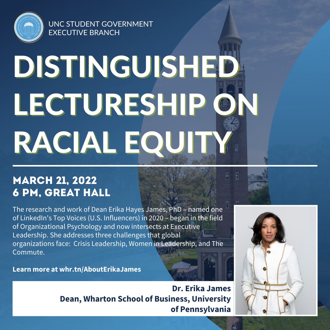 Join us for the 2022 Distinguished Lectureship on Racial Equity, delivered by Dr. Erika James! Dean James has been instrumental in developing groundbreaking executive education programs, and she is the first woman and the first person of color to lead the Wharton Business School.