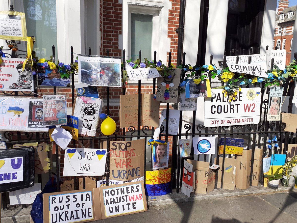 wrelton's tweet photo. I walked past the Russian embassy in London earlier on today. There is a small but loud protest going on on the other side of the road. Open to anybody. I intend to join it soon and I hope I see some familiar faces there. https://t.co/HjKB8JYzsL