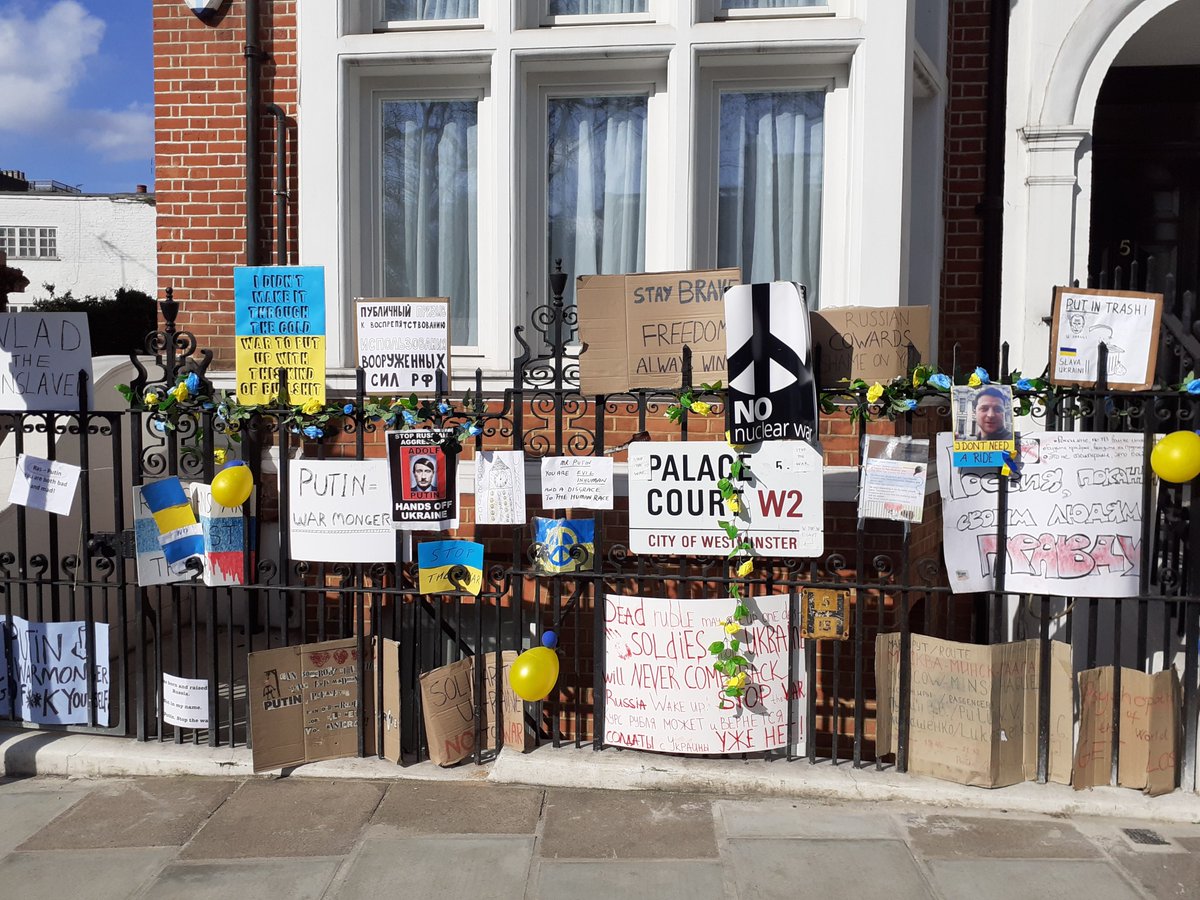 wrelton's tweet photo. I walked past the Russian embassy in London earlier on today. There is a small but loud protest going on on the other side of the road. Open to anybody. I intend to join it soon and I hope I see some familiar faces there. https://t.co/HjKB8JYzsL