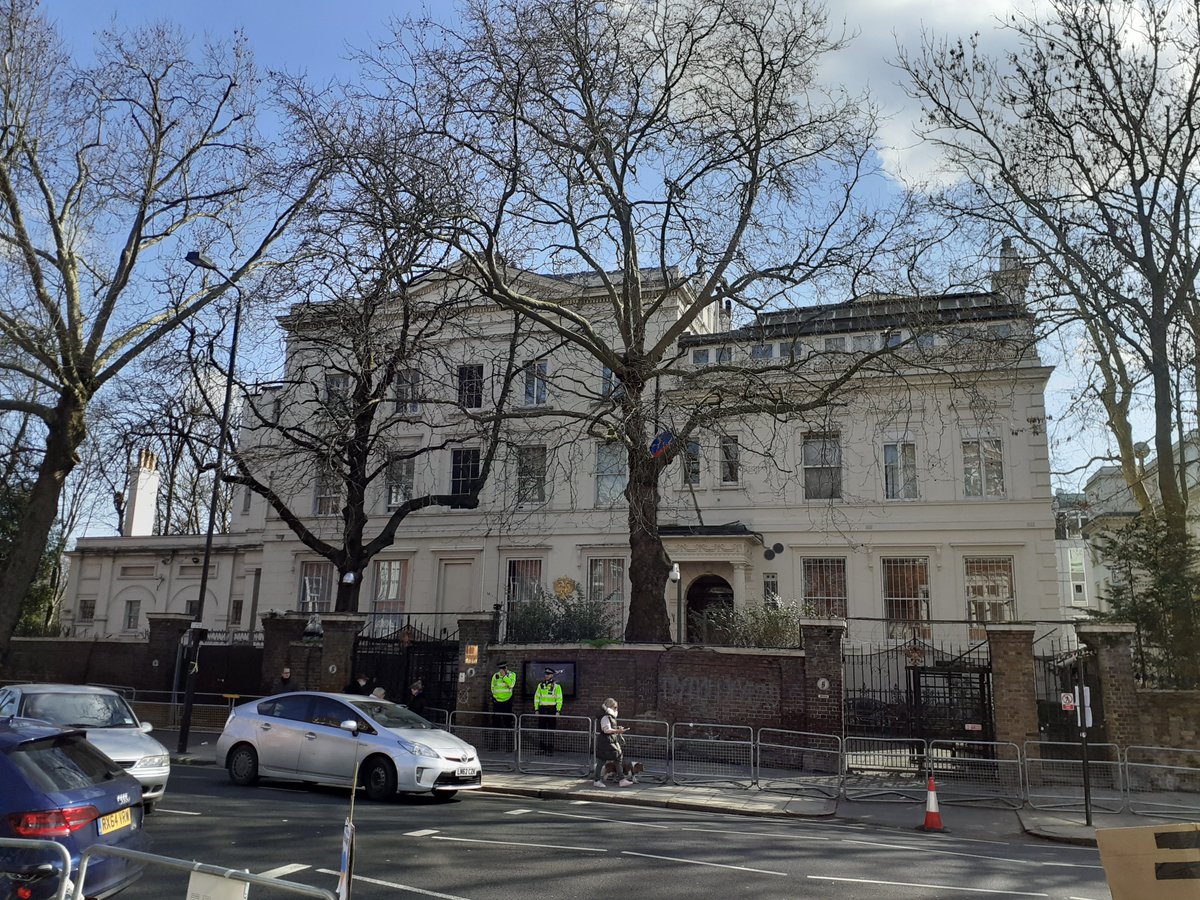 wrelton's tweet photo. I walked past the Russian embassy in London earlier on today. There is a small but loud protest going on on the other side of the road. Open to anybody. I intend to join it soon and I hope I see some familiar faces there. https://t.co/HjKB8JYzsL