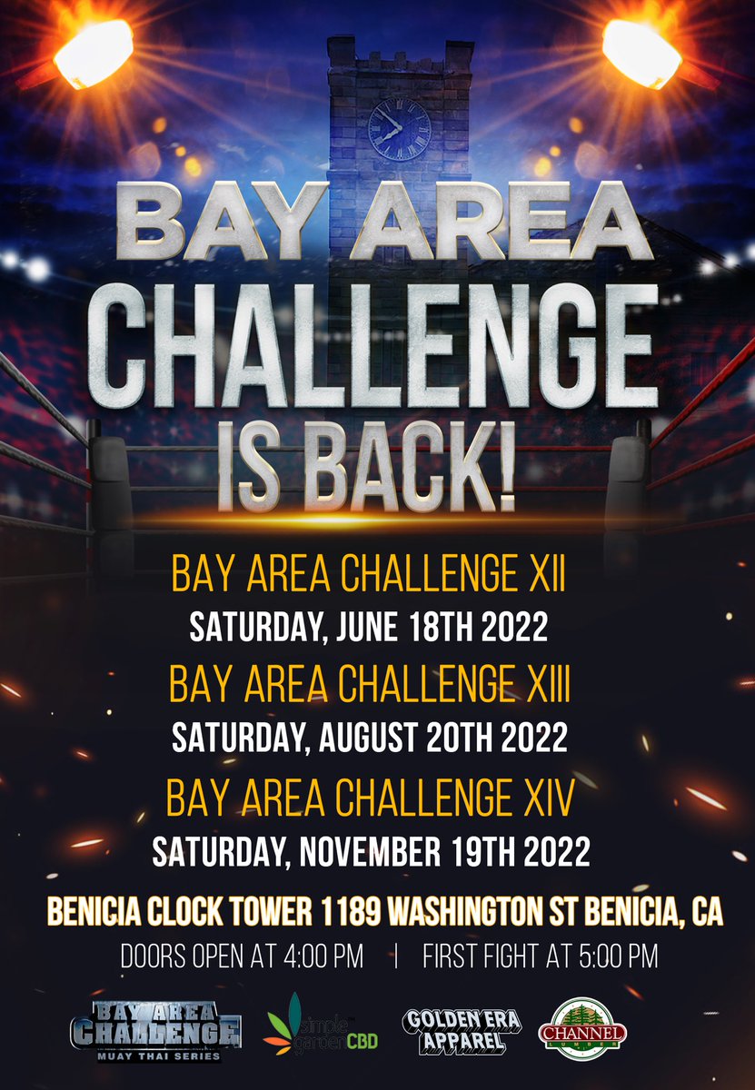 Yessir!!! You heard it here 1st Folks!!

BOOM!!! 💥🔥🔥🔥

BAY AREA CHALLENGE
Muay Thai Series 

IS BACK!!! 😳😃🙌🏽😱

Back in the Bay Area… we got Three Pro-Am shows scheduled in 2022!!

And that’s in addition to our Triumphant shows TBA soon 😉

STAY TUNED…

#WhereItAllBegan