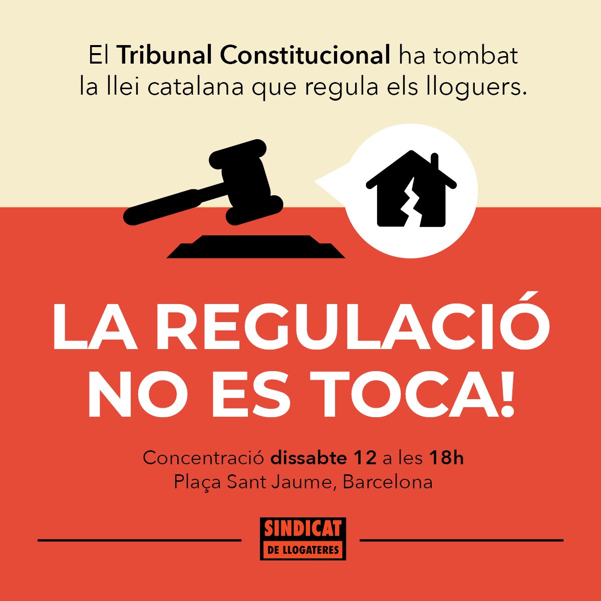 SindicatLloguer's tweet photo. Els especuladors han utilitzat els tribunals per fer allò que no van aconseguir al Parlament: tombar la regulació catalana de lloguers.

Sortim al carrer a demostrar als voltors que la lluita no s’ha acabat! #LaRegulacióNoEsToca

📆 Dissabte 12/03 - 18h
📍 Pl. Sant Jaume https://t.co/Kww2Ibtb87