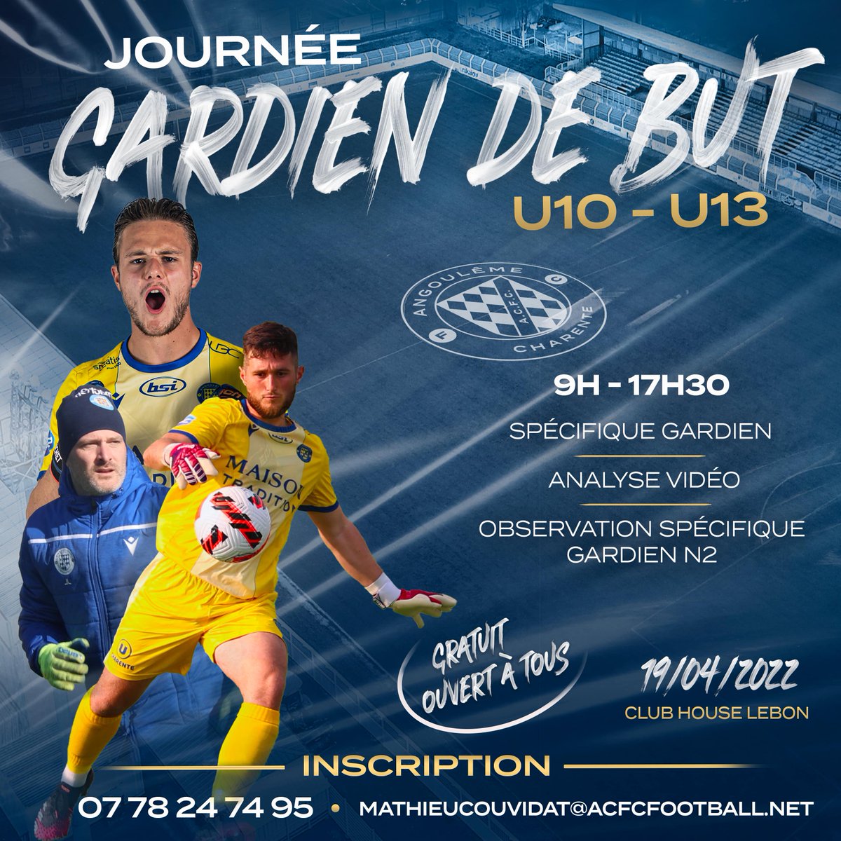 Le 19 avril, le club organise pour la première fois, une journée dédiée au poste de gardien de but 🧤

Entraînements spécifiques, retours vidéos, observation &amp; échanges avec les gardiens N2

⌚ 9h - 17h30
📍Club house du Stade Lebon

Cette journée est gratuite et ouverte à tous
