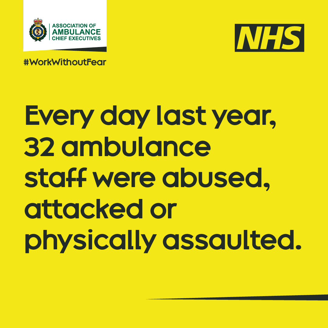 EastEnglandAmb's tweet photo. Every day last year, 32 ambulance staff were abused, attacked or physically assaulted. 

This is unacceptable. 

Our staff deserve to #WorkWithoutFear. 

Find out more: https://t.co/FaWqIsFyBZ https://t.co/xjTplEFgQE