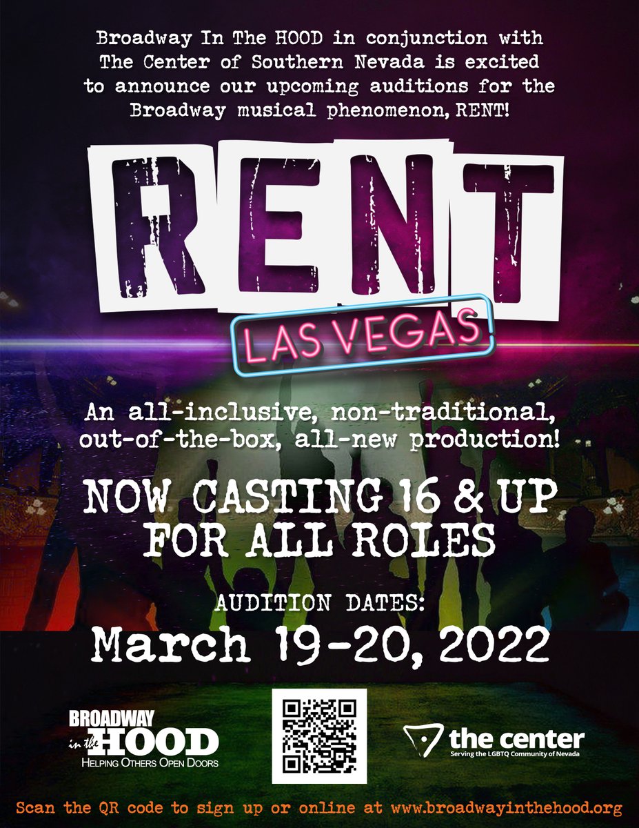 🎭 Audition to be in RENT! 🎭
In partnership with <a href="/BwayInTheHood/">Broadway In the Hood</a> we're casting locally for an upcoming all-inclusive, non-traditional production of RENT! Open auditions held 3/19 &amp; 3/20. You must be 16 years or older to audition. Details and sign up sheet: form.jotform.com/213616491088157