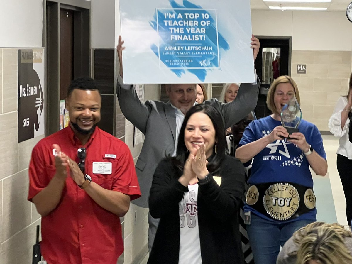 KellerISD's tweet photo. Excited to visit @SunsetValleyES to surprise our next Elementary Teacher of the Year Finalist – Ashley Leitschuh! Just a few more Finalists left to reveal… #KISDTOY22 https://t.co/yQSq0iAt7O