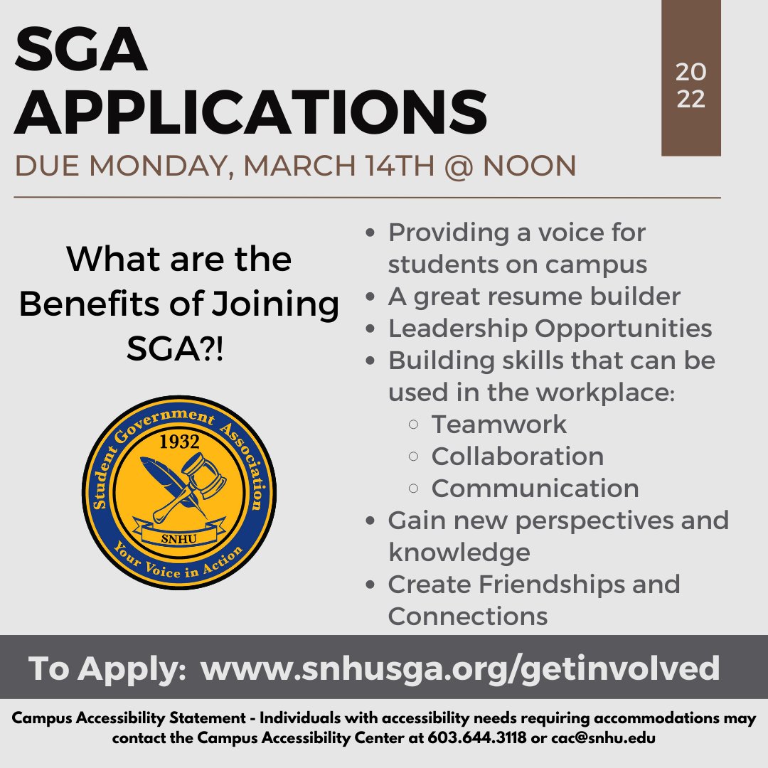 SNHUSTUDENTGOV's tweet photo. Don't miss your chance to be part of this amazing organization! I have gained so much knowledge and experience being a part of SGA!

To Apply: https://t.co/E4QZuzS54P

Please feel free to reach out if you have any questions!
Email: sga@snhu.edu https://t.co/hwJNmGwd6N