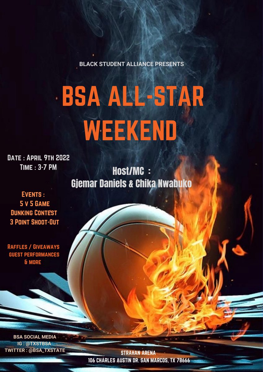BSA_Txstate's tweet photo. BREAKING NEWS 🚨🚨🚨
All-Star Weekend is coming to a city near you 🏀 .. 
Make sure you tell a friend to tell a friend because this is the event you DON’T want to miss .. 
The link to purchase tickets will be down below  ‼️ 
#BSAAllStarWeekend
 #BLACKTXST https://t.co/IneSBqURuo