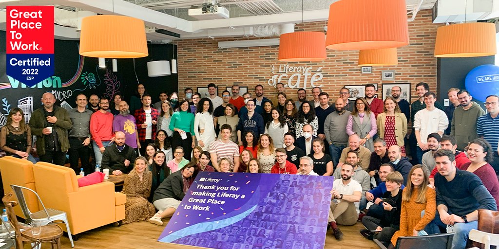 Liferay_es's tweet photo. Un equipo como el de Liferay se merece un reconocimiento como el de @GPTW_Spain 🌟

Y así de orgullosos estamos tras haber sido elegidos como una de las mejores empresas de España para trabajar 🤩

Pd: sí, llevamos celebrándolo desde esta mañana 😉

#GreatPlaceToWork #GPTW2022 https://t.co/IPMOlw4i6S