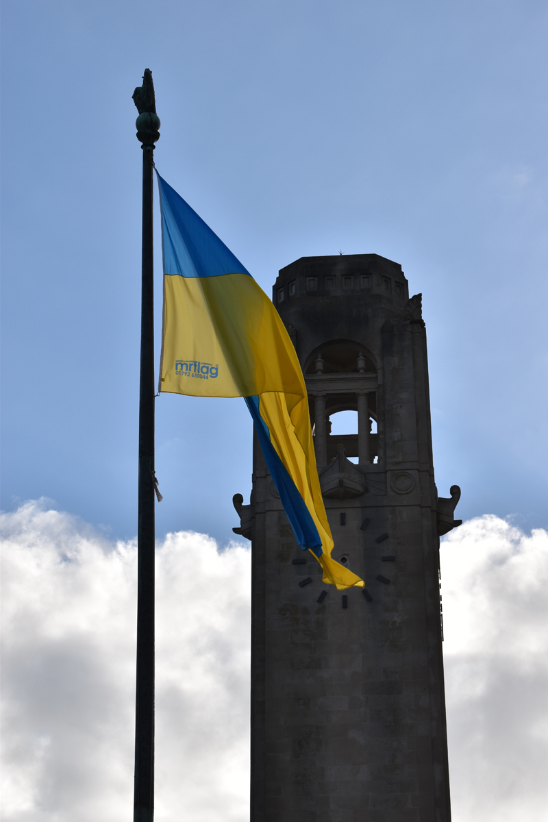 SwanseaCouncil's tweet photo. Your council is flying the Ukraine colours at the Guildhall &amp; Civic Centre. Two giant flags were donated by city-based business @mrflag . They express the council’s solidarity with the people of Ukraine. https://t.co/XGoA4zC5Sx https://t.co/GxTHLJGdru