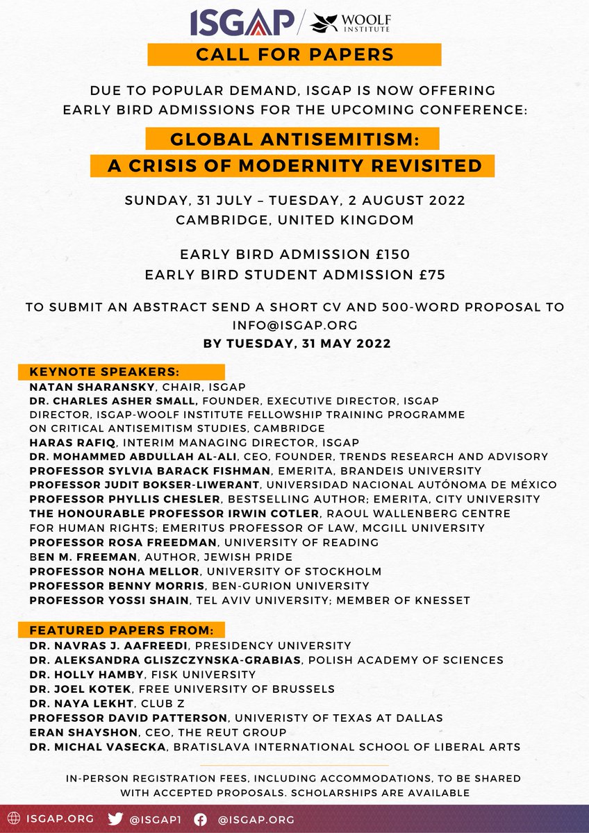 There's still time to sign up for early-bird admission to the ISGAP-<a href="/Woolf_Institute/">Woolf Institute</a> "Global #Antisemitism: A Crisis of Modernity Revisited"

isgap.org/cambridge-conf…