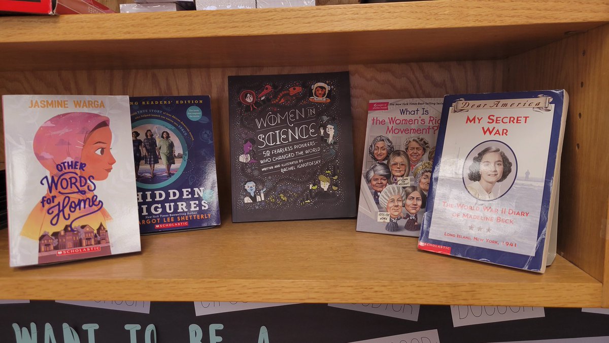IntheMiddleMath's tweet image. In my math classroom, I have a small collection of books. I pulled out my books to honor #WomensHistoryMonth and display them for my kids to see.
