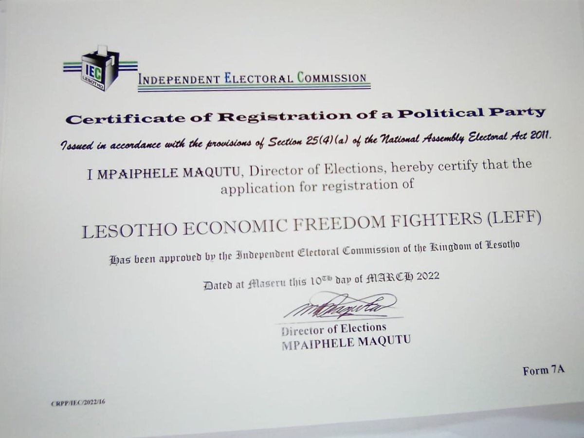 EFFSwazi's tweet photo. Congratulations to the Economic Freedom Fighters of Lesotho for being granted a certificate to participate on the elections of that country. Rhe EFF is the future of Africa. 
#EFFSWATURNS2 https://t.co/Xfa8ujDz0c
