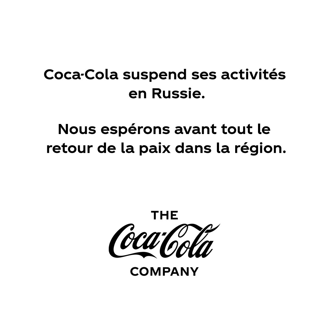 The Coca-Cola Company a suspendu ses activités en Russie. 
Pour lire la déclaration complète, cliquez ici 👇
CokeURL.com/97ga6d