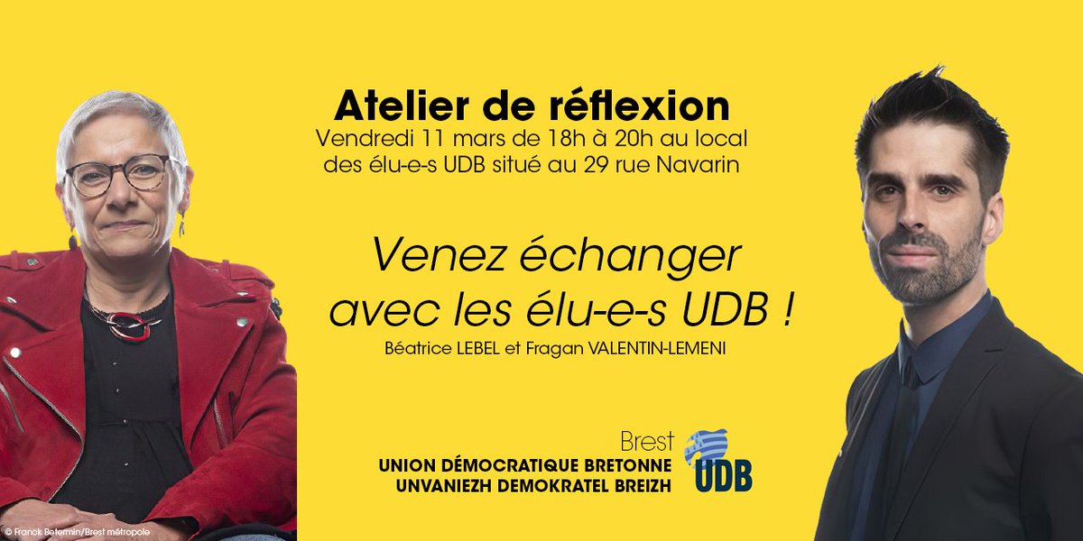 [Atelier de réflexion] 

Les élu-e-s UDB animeront un atelier de réflexion sur la politique culturelle de ville ce vendredi 11 mars.

Venez échanger avec eux de 18h à 20h au local des élu-e-s situé au 29 rue Navarin.

#Brest #UDB