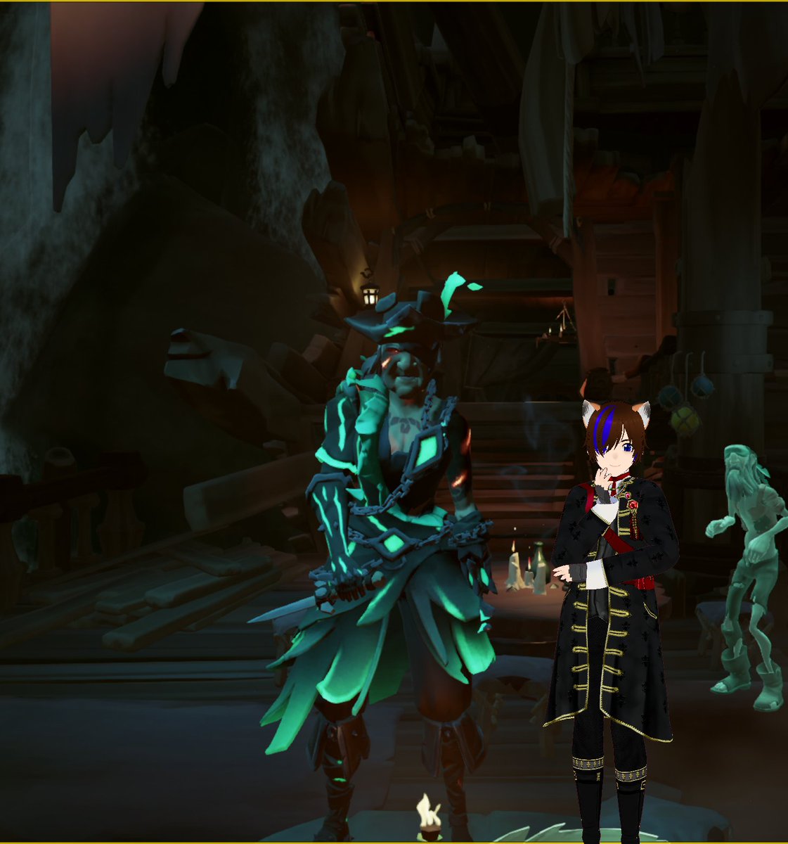 nekoboy56's tweet photo. The Grumpy Grandma got us some new clothes in the not-so-secrete place in @SeaOfThieves #Vstreamer #VTuberUprising #shopping #newclothes #nekoboy #GrumpyGrandma https://t.co/0aQoUalcPt