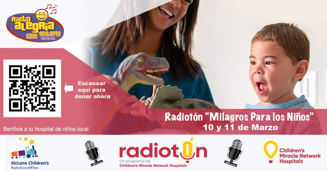 Radioton presentado por AggieRX. Todo lo que se recaude sera utilizado para las familias de nuestros niños de Bryan college station. Para comprar lo que se necesita en la Unidad de niños en McLane's Children's Hospital.
⭐ Juntos podemos ayudar⭐
Usa la QR de esta foto para donar