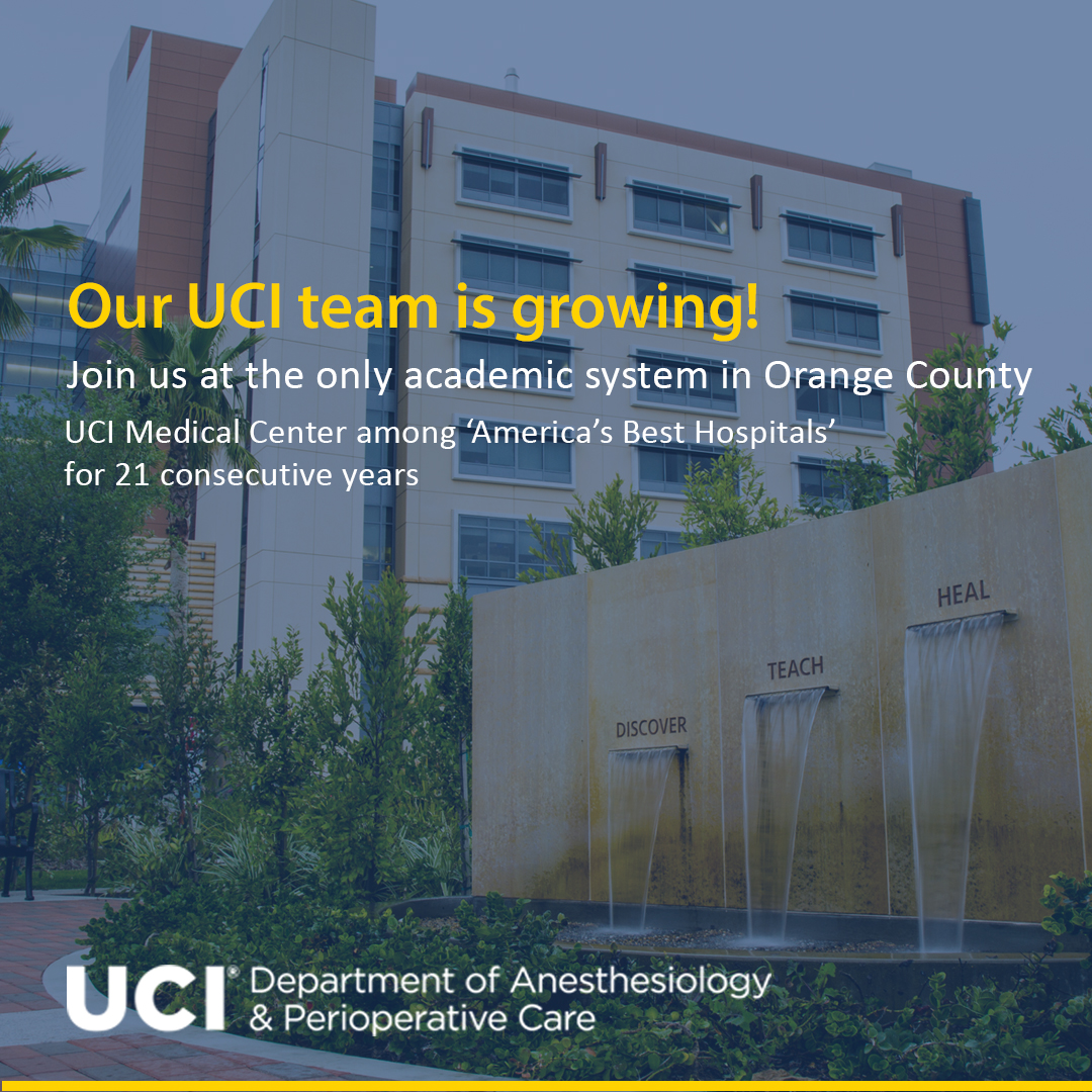 ucianesthesia's tweet image. Join our growing #ucianesthesia team at @UCIrvineHealth the region’s only Level I trauma center. 
We are recruiting for:
#PainMedicine Faculty: bit.ly/35tj0Td 
#CRNAs: bit.ly/3aTP41F