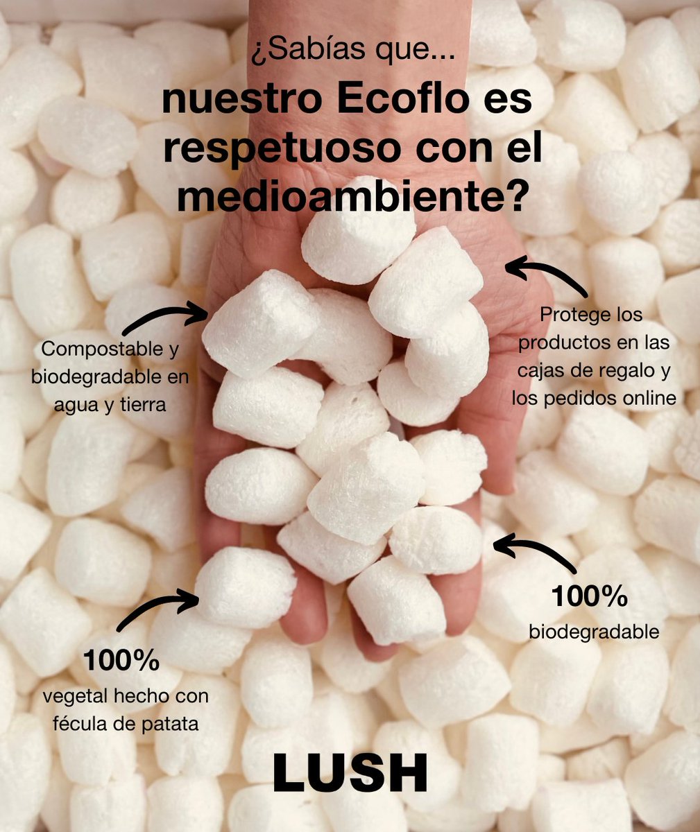 LushSpain's tweet photo. Si te has preguntado alguna vez de qué están hechas esas bolitas blancas que llegan en tus pedidos online y cajas de regalo...¡Te lo explicamos! 👇

#lushspain #sostenible #packaging #ecoflo https://t.co/l2udJY2Z9k