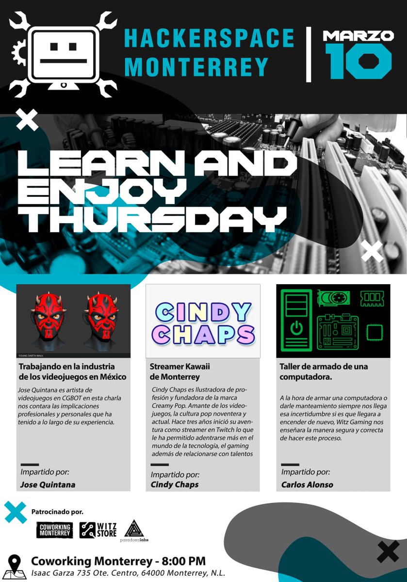 HackerspaceMonterrey (@hackersmty) on Twitter photo Recuerden hoy tenemos #juevesmaker
Las charlas las daran:
<a href="/cindychaps_/">Cindy Chaps ā»</a>
<a href="/WitzStoreGaming/">Witz Gaming</a>
y
instagram.com/mrjcquintana/
La cita es a las 8pm en el <a href="/coworkingMty/">Coworking Monterrey</a>
Habra pizzas y cheves. Recuerden hoy tenemos #juevesmaker
Las charlas las daran:
<a href="/cindychaps_/">Cindy Chaps ā»</a>
<a href="/WitzStoreGaming/">Witz Gaming</a>
y
instagram.com/mrjcquintana/
La cita es a las 8pm en el <a href="/coworkingMty/">Coworking Monterrey</a>
Habra pizzas y cheves.