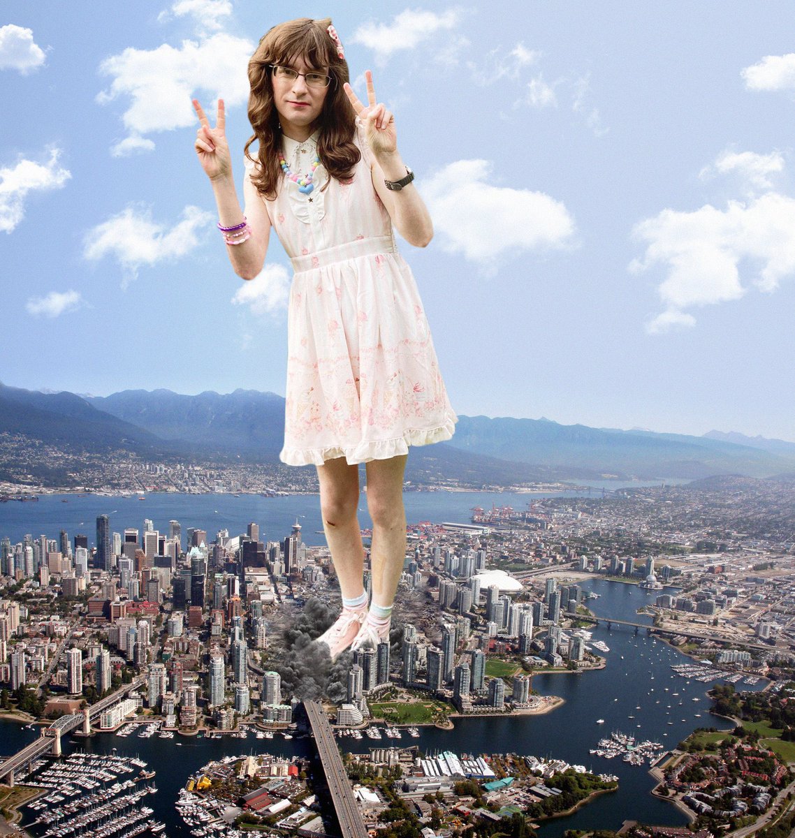 Lucy carelessly stepped through the city, not even noticing the tiny people and buildings below she was destroying. All the miles tall girl cared about was practicing poses to get the cutest photo. #sizetwitter 

Collage by <a href="/dochampsgts/">dochamps</a>