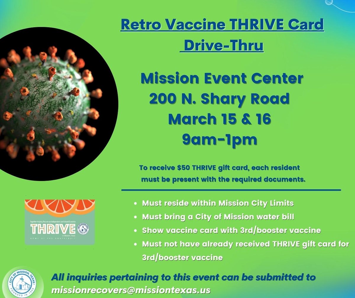 We have two retro vaccine drive-thru events next week! This time no pre-registration required to get your $50 card. 
 📛 Drive-Thru is happening Tuesday &amp; Wednesday <a href="/MEC_Tx/">Mission Event Center</a> 💳
📛 Must be fully vaccinated &amp; must be a Mission resident to qualify❗ Deets ⬇️