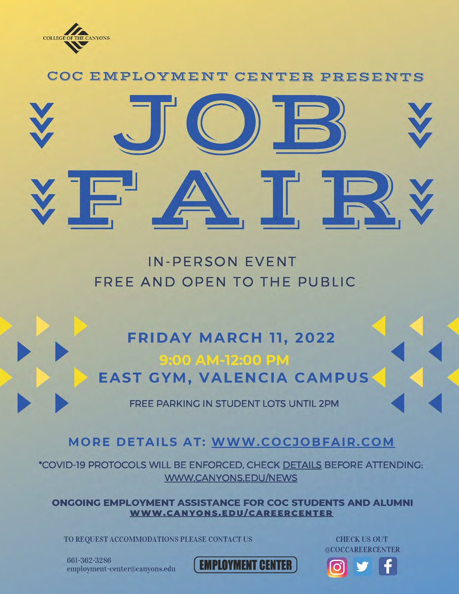 COCEmp_Center's tweet photo. The Employment Center at COC's Job Fair is finally here. Happening tommorow Friday, March 11th from 9am-12pm. Come meet with over 70 employers at the East Gym on the Valencia Campus. It is free and open to the public so invite anyone who may interested.
We hope to see you there. https://t.co/ki5kdxYMPF