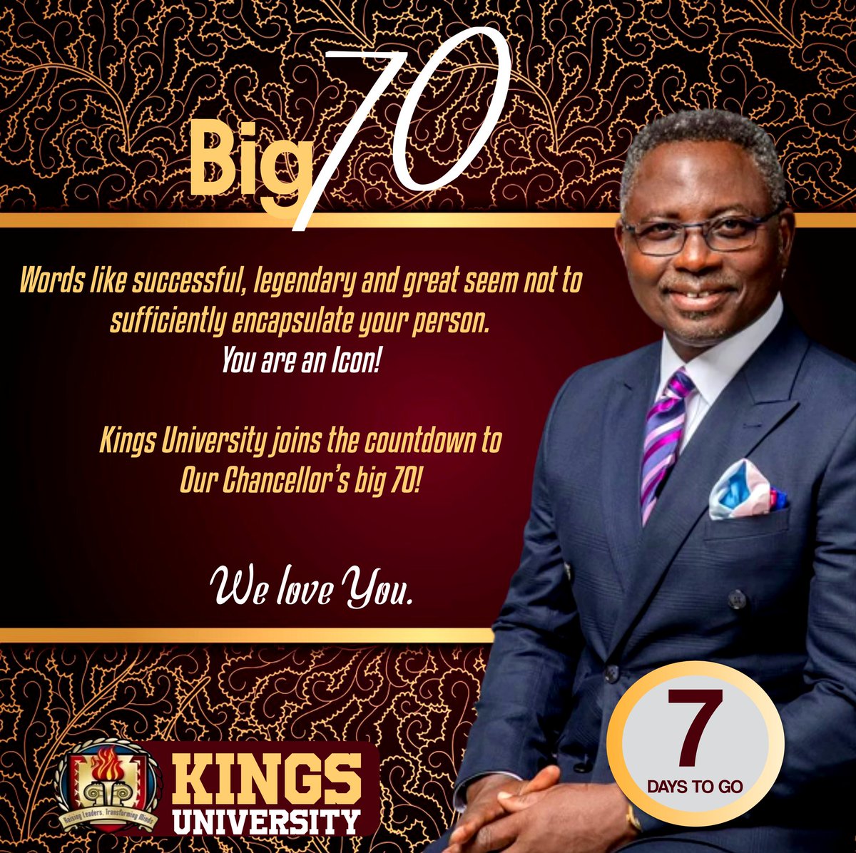 kingsuniodeomu's tweet photo. We celebrate our exemplary and visionary chancellor who has dedicated his life to transforming minds all over the world.
 
#PMat70 #PastorMatthewAt70 #CountdownTo70 #kingsuniversity https://t.co/kLi1JGI1UY
