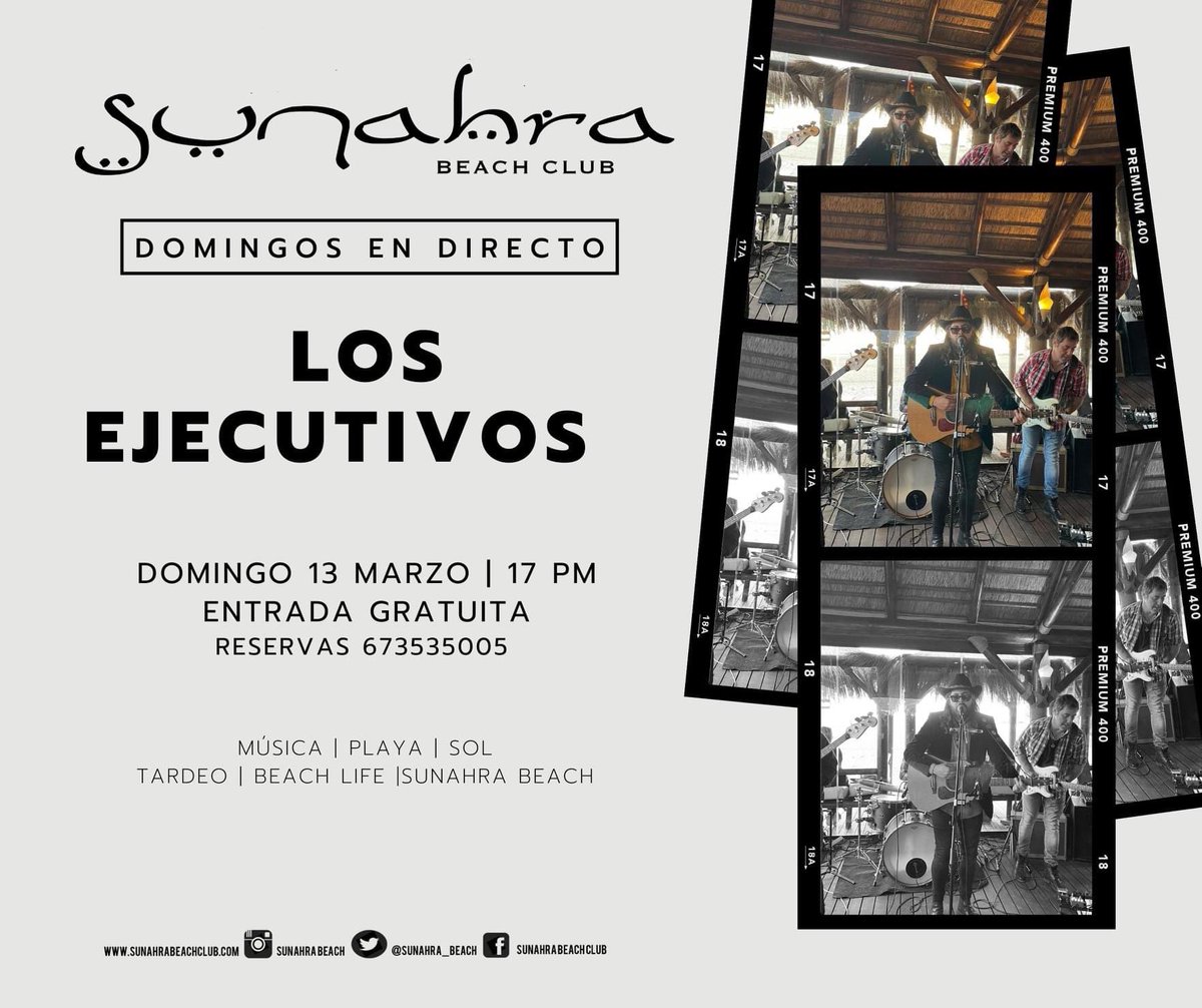 Domingo 13 de marzo | 17:00H 
LOS EJECUTIVOS, ya los conocéis, interpretarán su repertorio peculiar y arriesgado rindiendo tributo a las mejores bandas y autores en español.
Os esperamos en Sunahra Beach Club
Reserva tu mesa servicio de restaurante 673535005