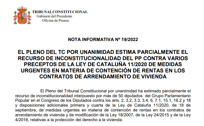 Abogado Arreindamientos. El Tribunal Constitucional acaba con la ley catalana que limita la renta del alquiler de vivienda habitual