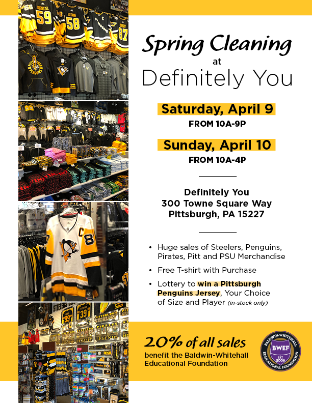 Join us for Spring Cleaning at <a href="/defyoupitt/">Definitely You</a> on Apr. 9-10!
-Sales on <a href="/steelers/">Pittsburgh Steelers</a> <a href="/penguins/">x - Pittsburgh Penguins</a> <a href="/Pirates/">Pittsburgh Pirates</a> <a href="/Pitt_ATHLETICS/">Pitt Panthers</a> <a href="/penn_state/">Penn State</a> gear
-Free T w/ purchase
-Lottery for authentic <a href="/penguins/">x - Pittsburgh Penguins</a> jersey
-20% of sales benefit scholarship fund

RT and we'll enter your name in jersey lottery. TY!