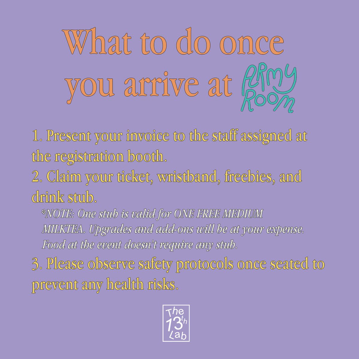 13thlabprod's tweet photo. Here's what to do once you arrive at ARMY ROOM! Feel free to approach any of the staff from The 13th Lab if you have any questions. Hope to see you there!

#ARMYROOMCDO

Link to order tickets 🔗 https://t.co/sB0yyYgYr8 https://t.co/DkKCYoAYA1