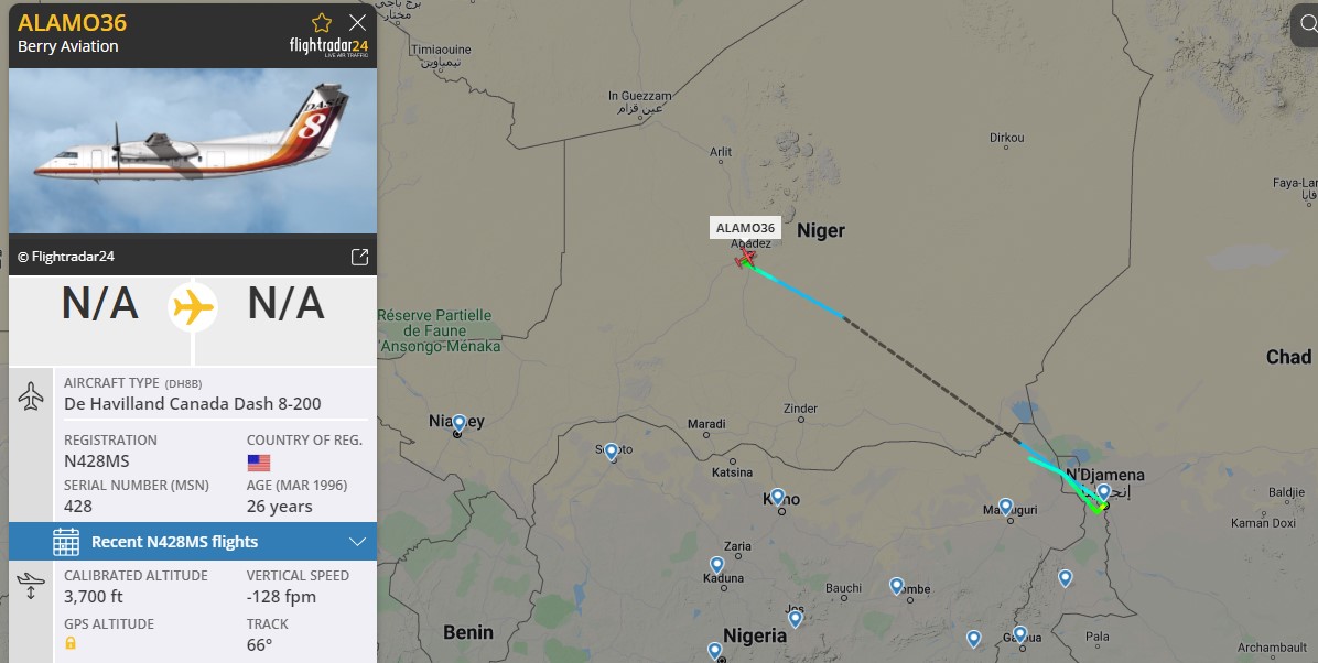 Laurent_Le_Bloa's tweet photo. USA eye more and more on #Chad
Unknown Beechcraft350 from #Zurga to #Agadez #Niger
DH8 #ALAMO36 from #NDjamena to #Agadez https://t.co/wXpxlfqb3u