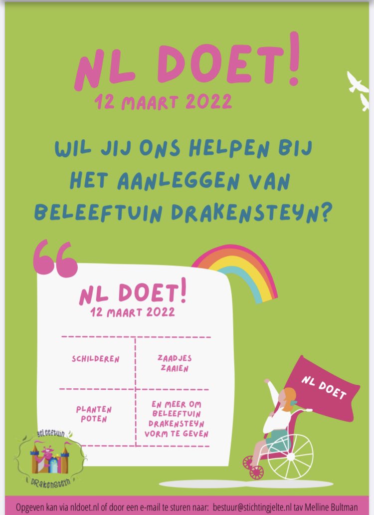 MarielleTweets's tweet image. Wie van de dorpsgenoten of Drontenaren heeft zaterdag tijd om ook een paar uurtjes te helpen?

Dan helpen we samen aan een prachtige #beleeftuin voor kinderen en volwassenen met een beperking. 

Wie pakt de tuinhandschoen of kwast ook op? 

#nldoet #Biddinghuizen
