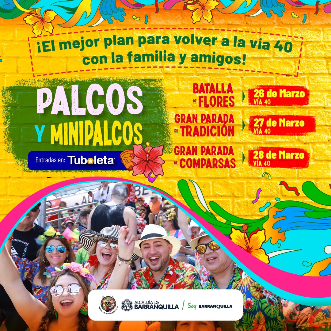 Carnaval_SA's tweet photo. ¡Contando los días para volver a encontrarnos en la Vía 40!💛🎉
Disfruta la #BatallaDeFlores, #GranParadaDeTradición y #GranParadaDeComparsas con el colorido de más de 300 grupos que le devuelven a los carnavaleros la alegría de la Fiesta más grande de Colombia🥳
🎟 @TuBoletaNews https://t.co/ZFu0tPe1kW