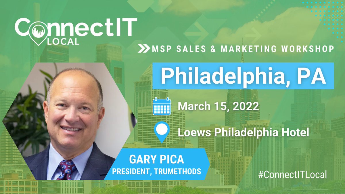 graphusinc's tweet image. Want to learn how you can jumpstart your sales in 2022? Now you can on March 15 during the next MSP Sales and Marketing Workshop with @garypica of @TruMethods! Can&apos;t make this #ConnectITLocal? Find a Local near you: bit.ly/3jayFKi