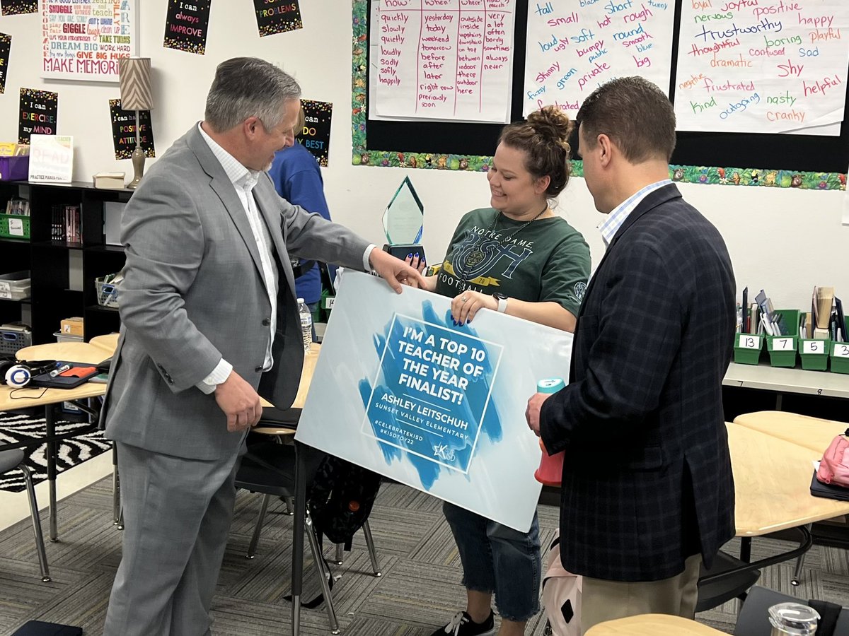 KellerISD's tweet photo. Excited to visit @SunsetValleyES to surprise our next Elementary Teacher of the Year Finalist – Ashley Leitschuh! Just a few more Finalists left to reveal… #KISDTOY22 https://t.co/yQSq0iAt7O