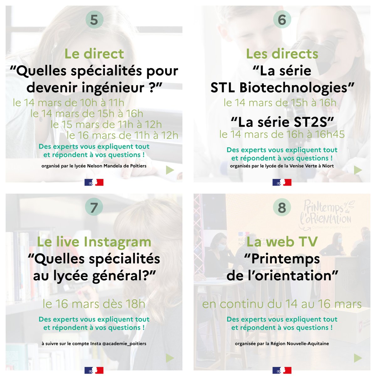 🧭Du 14 au 16 mars, c'est le #PrintempsDelOrientation !
Pour aider nos élèves à construire leur projet, le rectorat <a href="/acpoitiers/">Académie de Poitiers</a> et les établissements organisent des actions pendant ces 3 jours, en présentiel ou distanciel.

📗Le catalogue complet : ac-poitiers.fr/printemps-de-l…