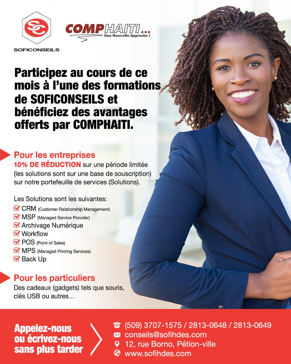sofihdesht's tweet photo. Participez à l’une de nos formations du mois de mars et bénéficiez des avantages offerts par @GroupeCompHaiti.
#formation #formationcontinue #soficonseils #comphaiti https://t.co/VNVzOBGVDO