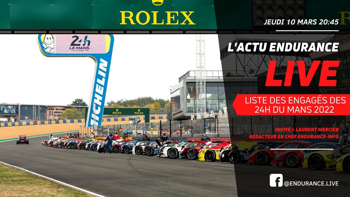 Endurance_Live's tweet photo. RDV ce soir avec @LaurentMercier2 (@EnduranceInfo1) pour un nouveau live❗️👀

🗓 Programme
✅Engagés 24h du Mans 2022
✅Actu WEC et 24h du Mans

Facebook👉https://t.co/iD2pVVJgv6
Youtube👉https://t.co/BuRxVSKXns

#Endurance #WEC #FIAWEC #LeMans24 #FacebookLive #YoutubeLive https://t.co/lYqxq2uoIr