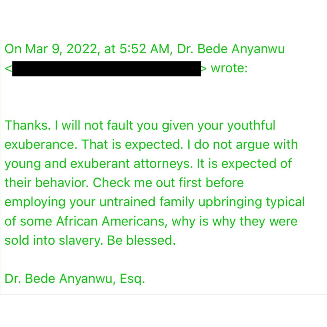 Jasmyne's tweet photo. So the new attorneys @ReganelReeves @jamesbryantlaw @canyouDiggsit @EsquireMoore who are Black, tell the old attorney who is a Black African man that they have been retained to take over. It’s a standard communication between lawyers. Nothing to it.

This was his response. https://t.co/7hkejS8ODN