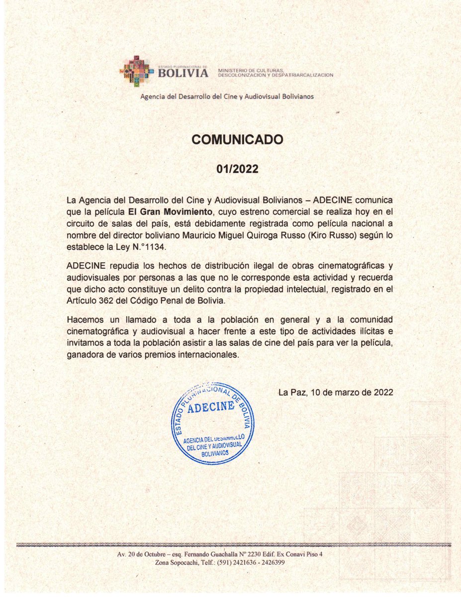 adecinebolivia's tweet photo. La Agencia del Desarrollo del Cine y Audiovisual Bolivianos #ADECINE recuerda que la distribución ilegal de obras cinematográficas y audiovisuales constituye un delito contra la propiedad Intelectual. https://t.co/jEsc6hhOUI